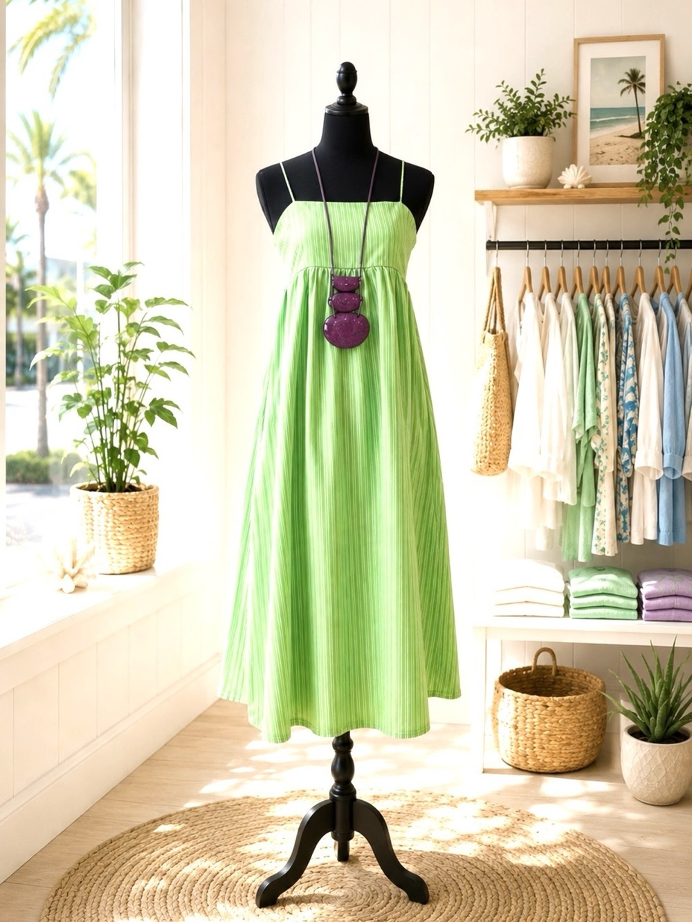 FASHION DRESS Green Pin-Striped Lightweight Spaghetti Strap Sundress